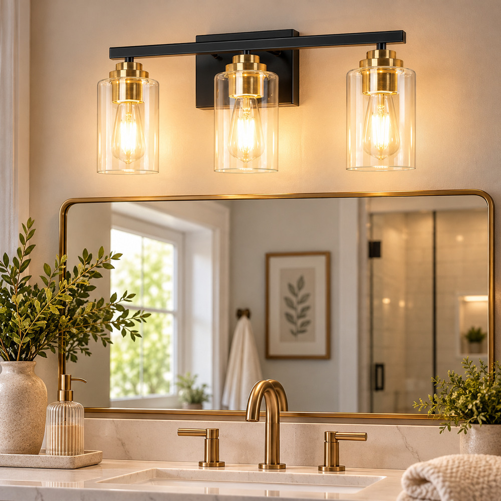 19" Black & Gold Bathroom Vanity Light – Modern Clear Glass Shades